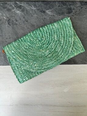 Vintage Straw Beach Summer Clutch Purse Teal Green Blue Lined Snap Closure
